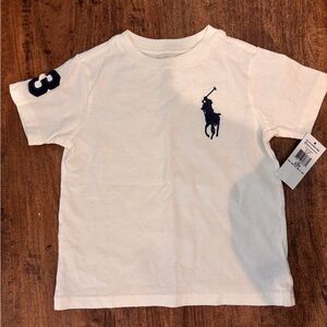 Ralph Lauren White Kids Short Sleeve Polo Player Tee with Navy Logo